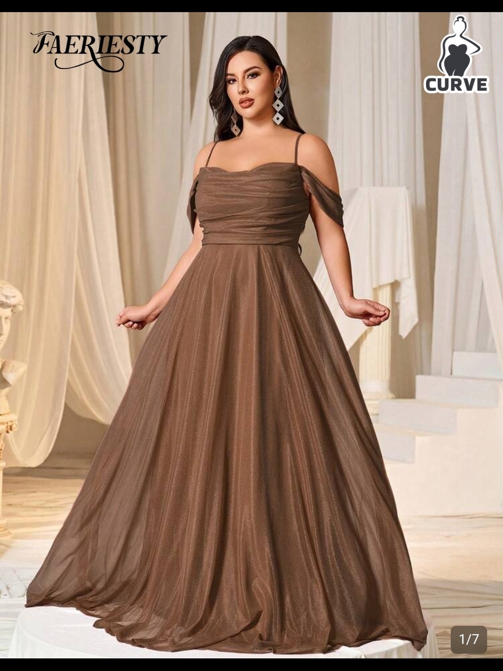 Curve Faeriesty Brown Off-Shoulder Maxi Evening Gown